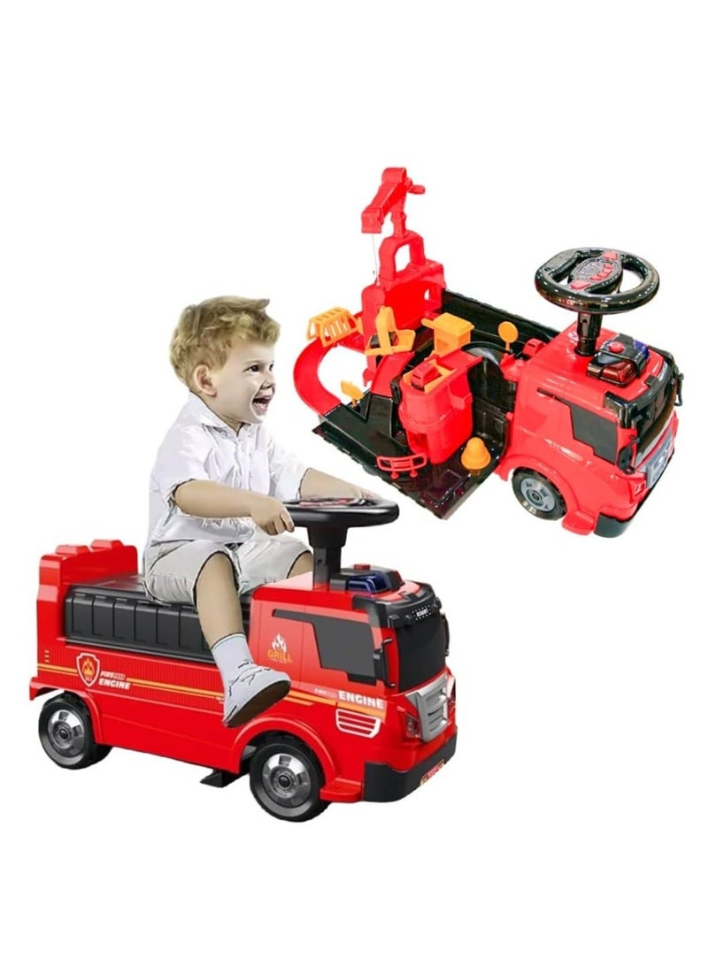 UKR 2-in-1 Ride-On Fire Truck Playset – Red | Toddler Push Car with Steering Wheel, Interactive Sounds, Crane & 4 Toy Cars | Fire Engine & Traffic Playset for Kids - Image 1